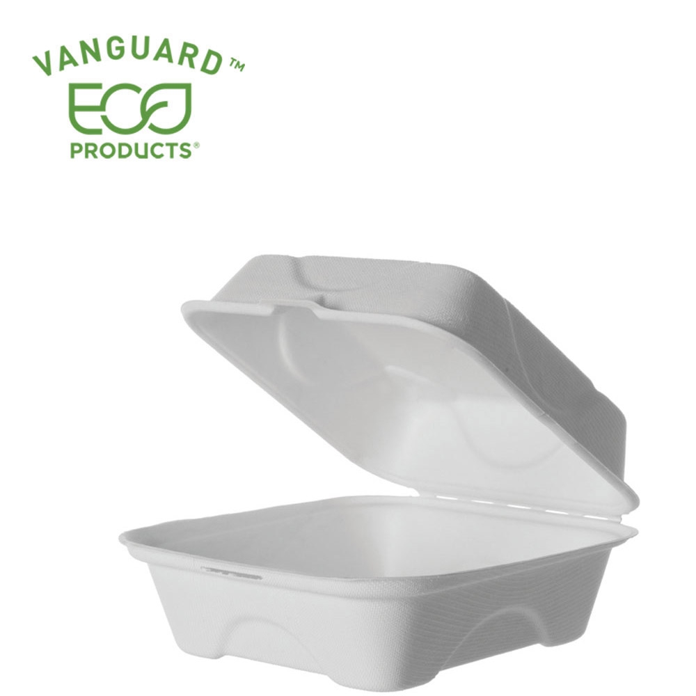 EP-HC6NFA ECO-Products® Vanguard Compostable Sugarcane Clamshells, 6 x 6 x 3, White (No PFAS Added)